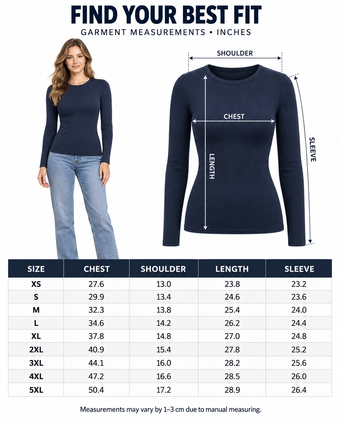 XS to 5XL garment measurement size chart in inches
