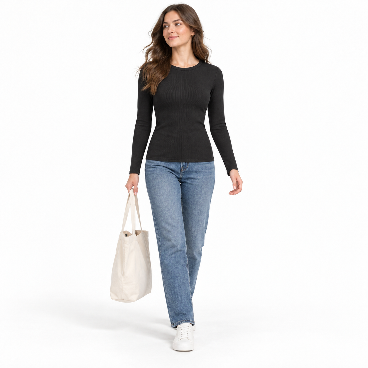 Woman wearing the Black ribbed fitted long-sleeve crewneck top, studio front view