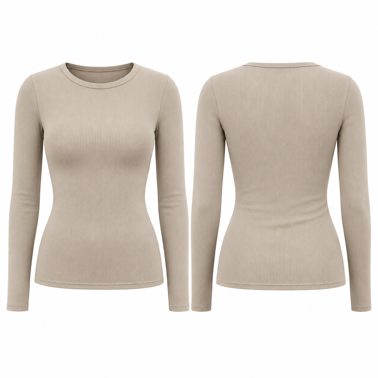 Single Beige women's ribbed fitted long-sleeve crewneck top, front and back