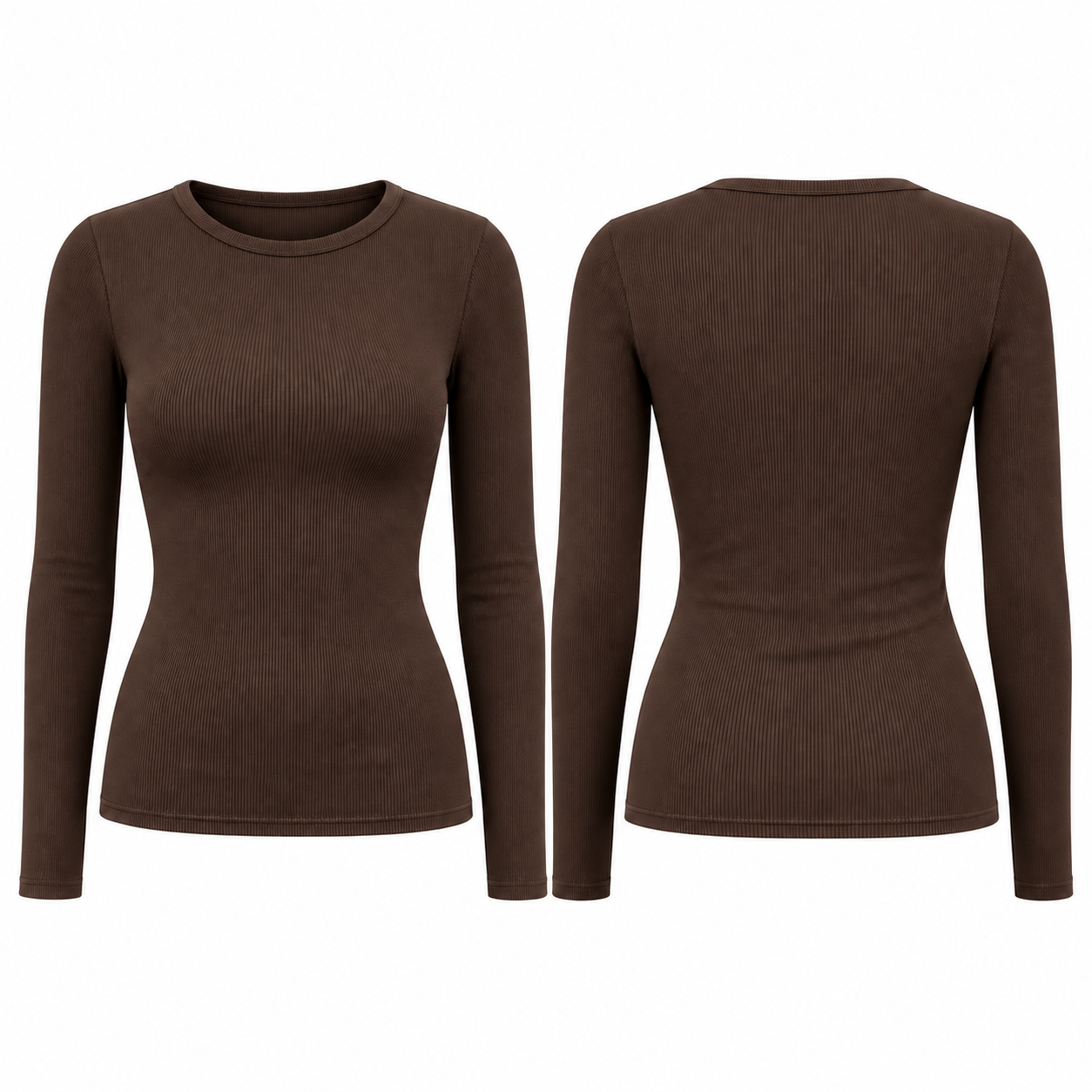 Single Brown women's ribbed fitted long-sleeve crewneck top, front and back