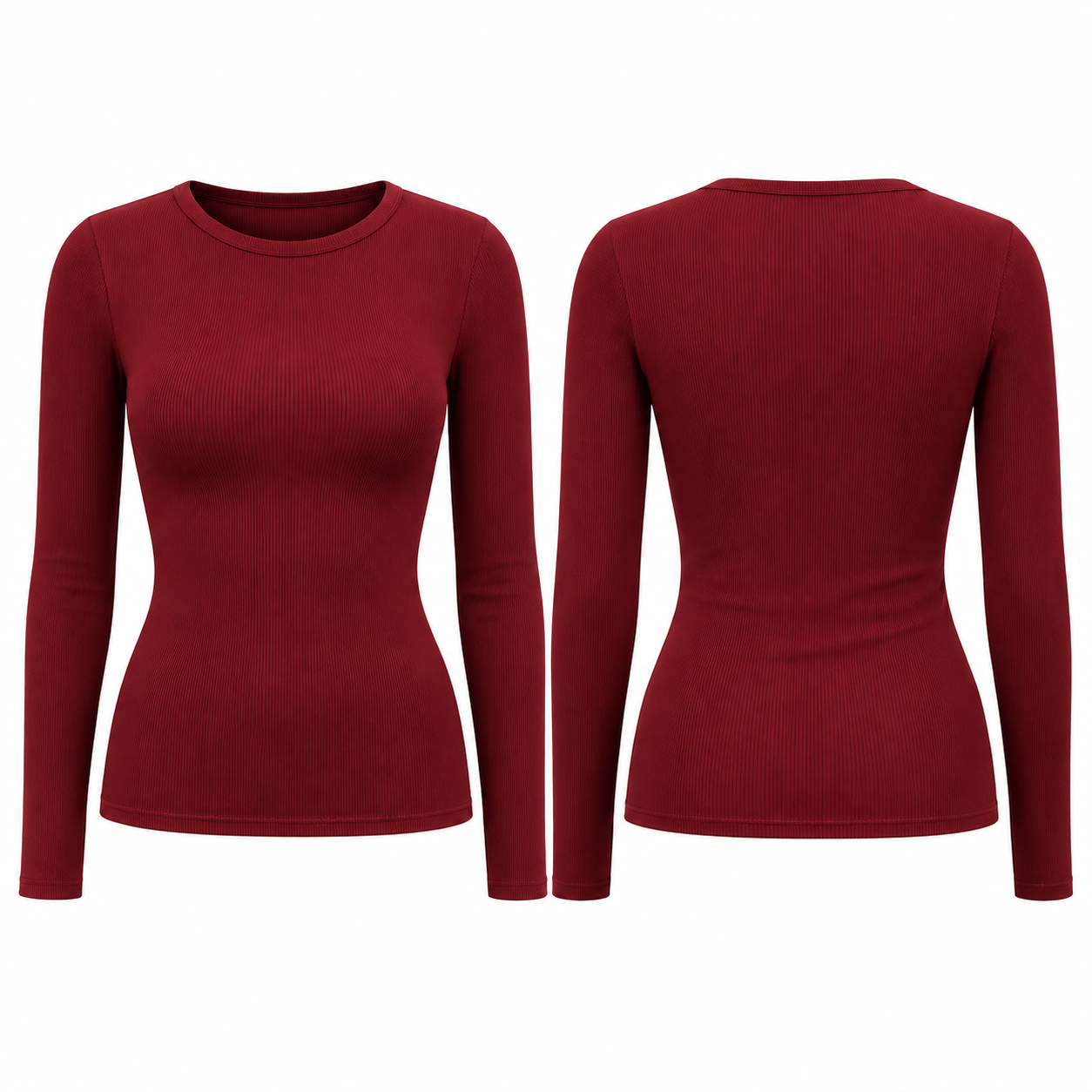 Single Deep Red women's ribbed fitted long-sleeve crewneck top, front and back
