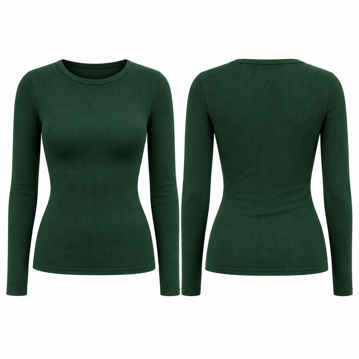 Single Forest Green women's ribbed fitted long-sleeve crewneck top, front and back