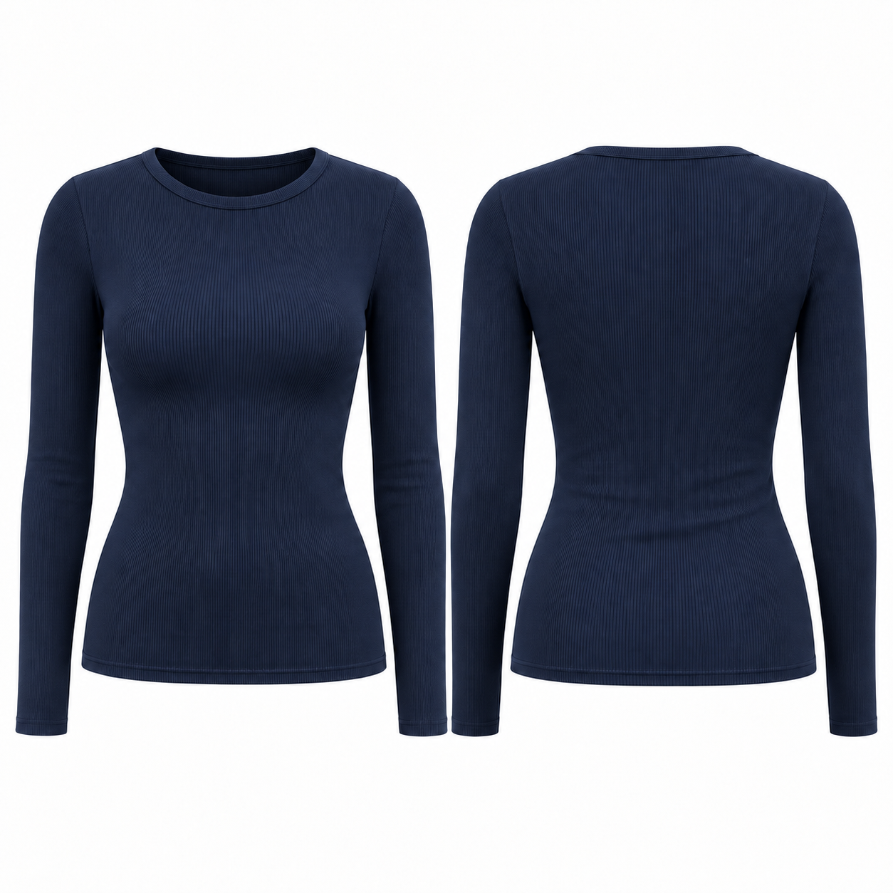 Single Navy Blue women's ribbed fitted long-sleeve crewneck top, front and back