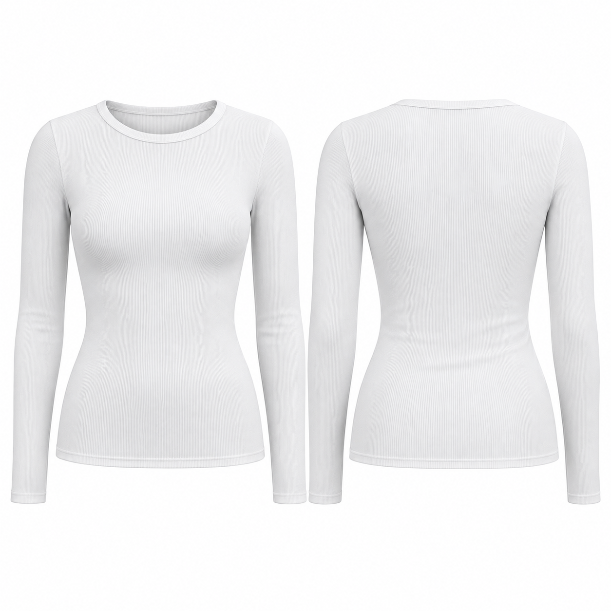 Single White women's ribbed fitted long-sleeve crewneck top, front and back