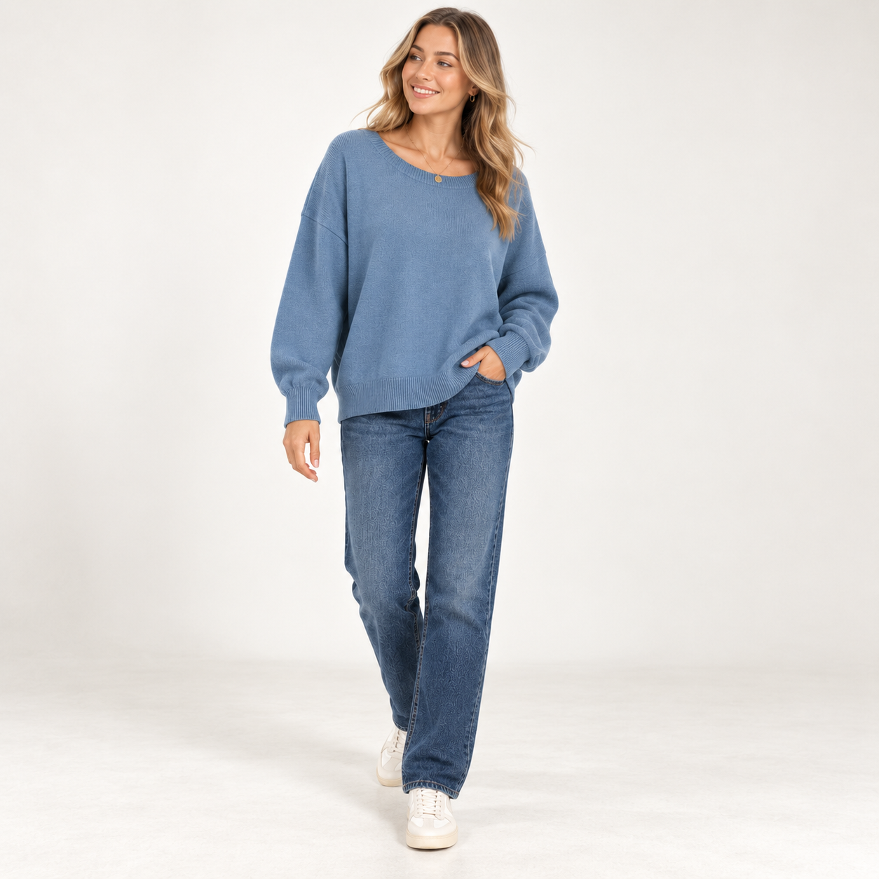Full-body studio front view in Dusty Blue oversized scoop-neck sweater