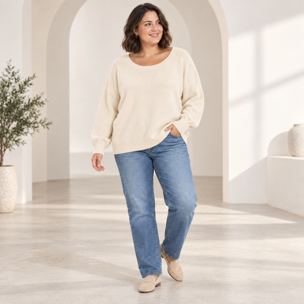 Full-body studio front view in Warm Cream oversized scoop-neck sweater