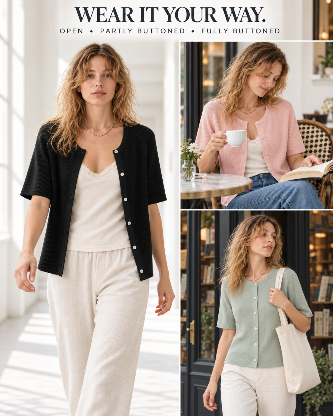 Open, partly buttoned, and fully buttoned styling