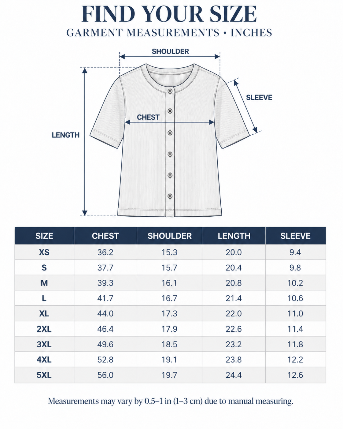 XS to 5XL garment size chart