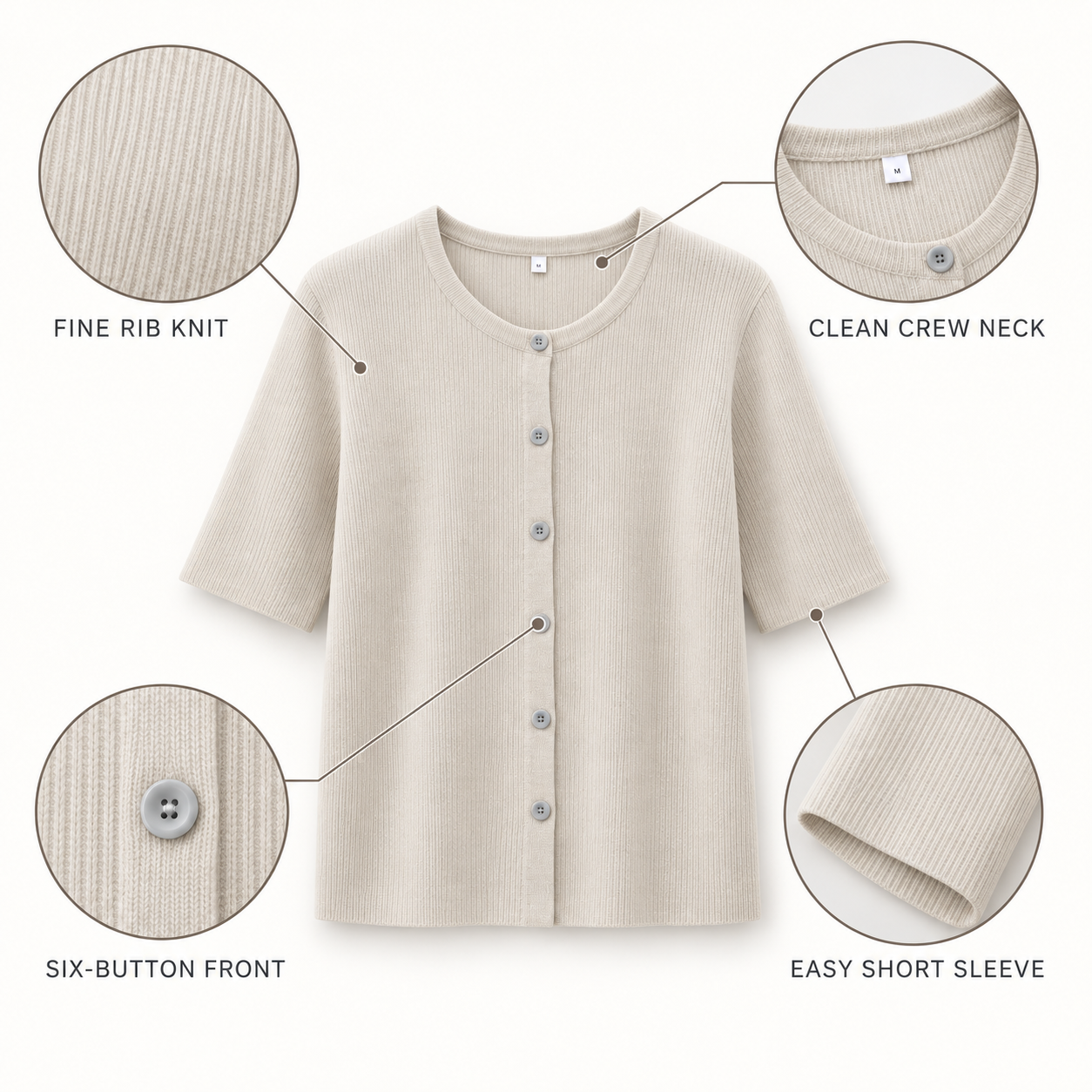 Cream cardigan fine rib, round neck, six-button front and short-sleeve details