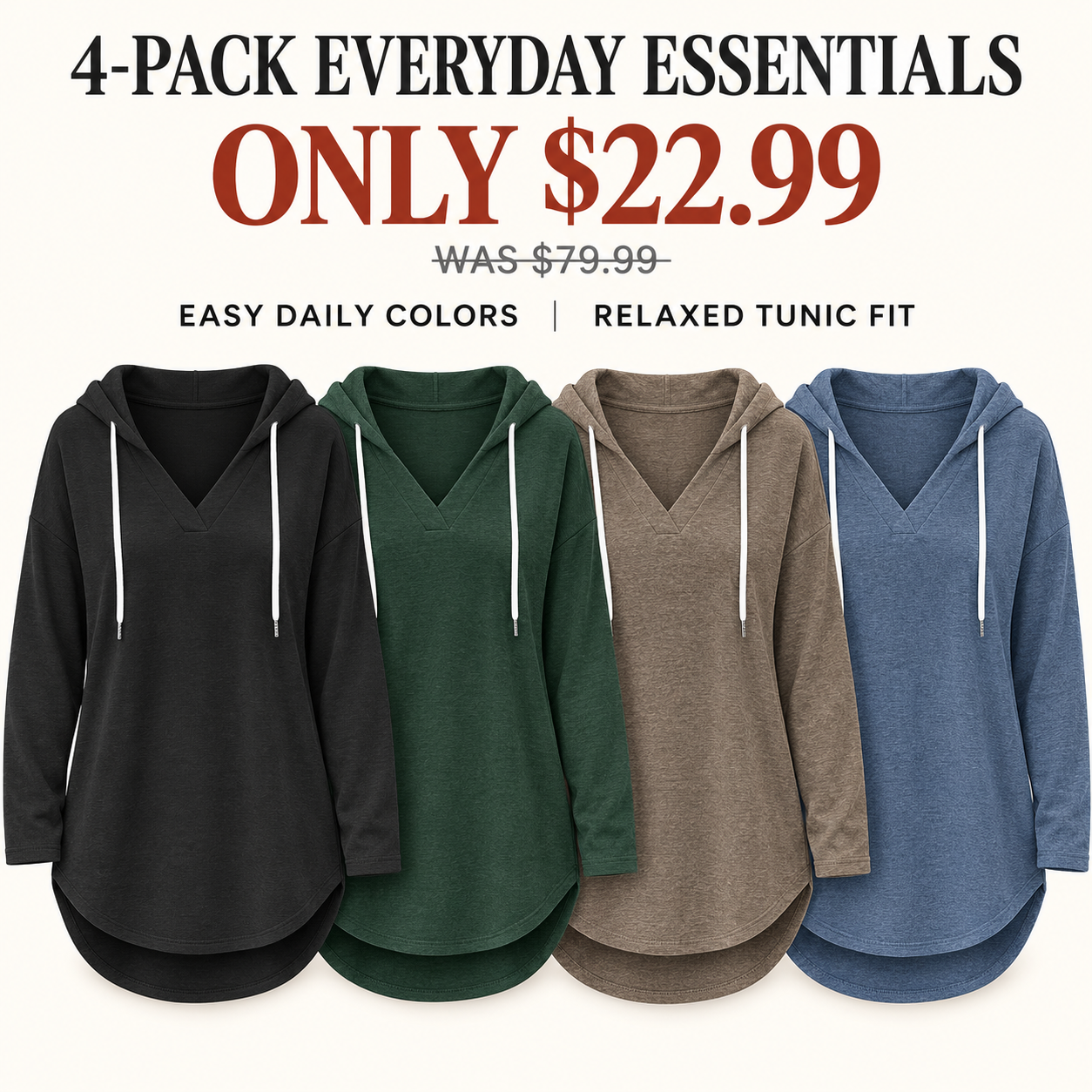 Four womens V-neck hooded tunics in the Everyday Essentials color set, 4-Pack, USD 22.99