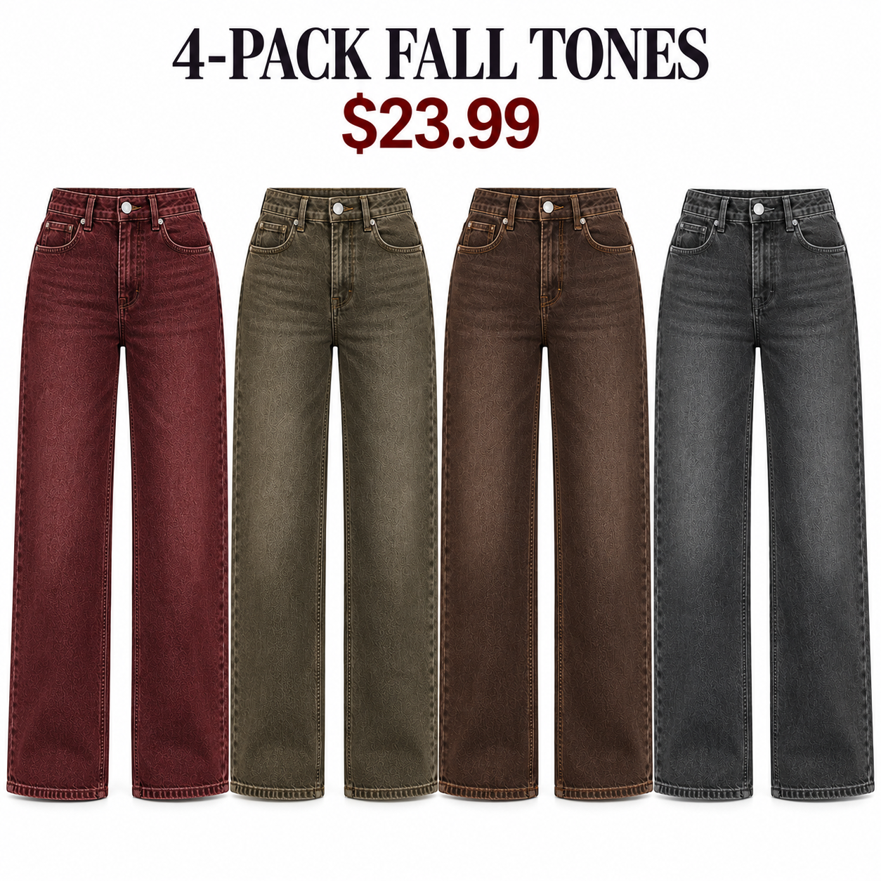 Burgundy, Olive Brown, Brown and Charcoal high-waist wide-leg jeans, Fall Tones 4-Pack, $23.99