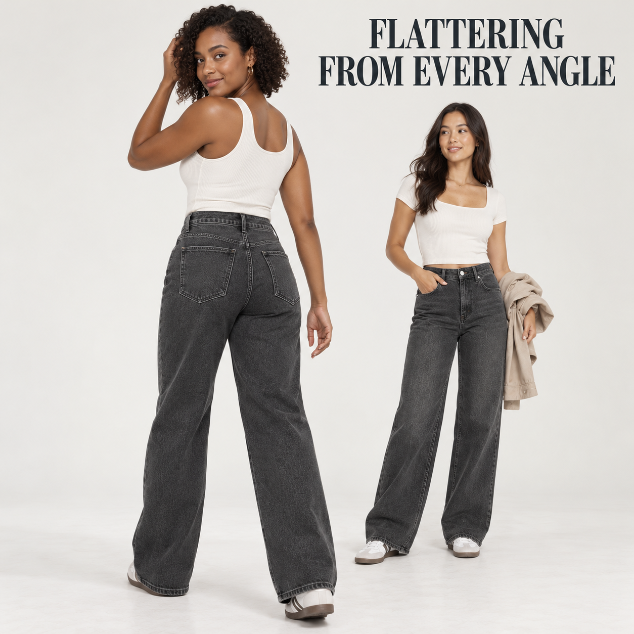 Woman showing the back yoke and rear pockets of Charcoal high-waist wide-leg jeans