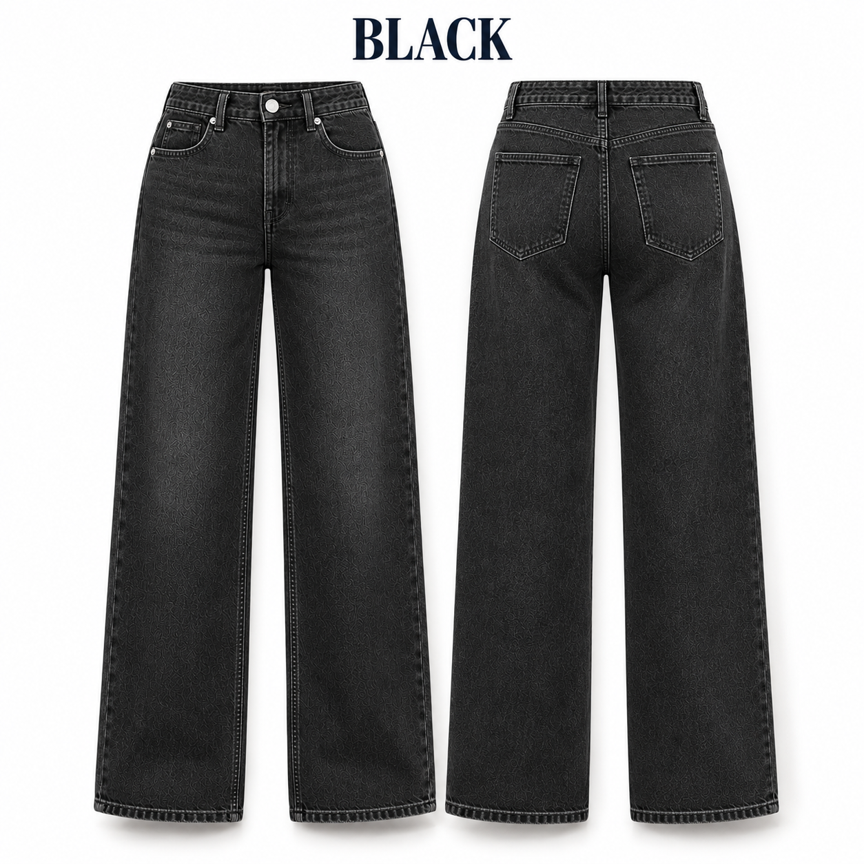 Black high-waist stretch denim wide-leg jeans, front and back product views