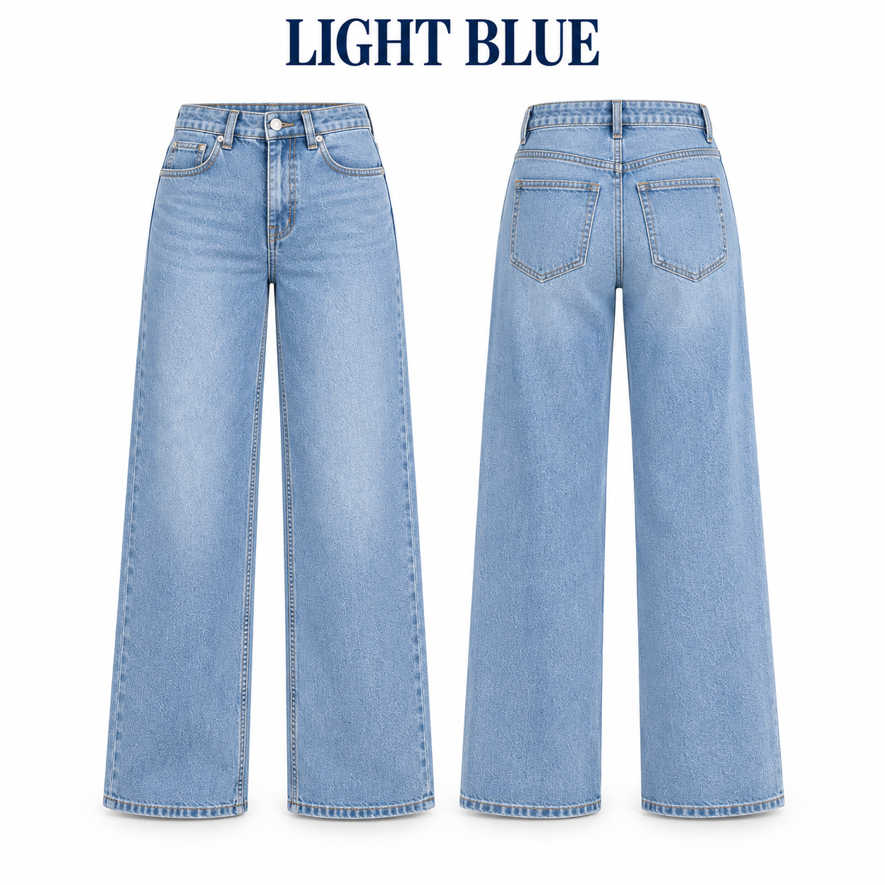 Light Blue high-waist stretch denim wide-leg jeans, front and back product views