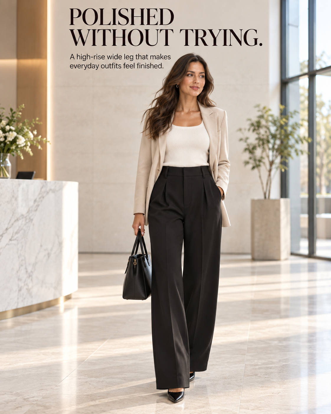 Polished black wide-leg pants styled in a modern office lobby