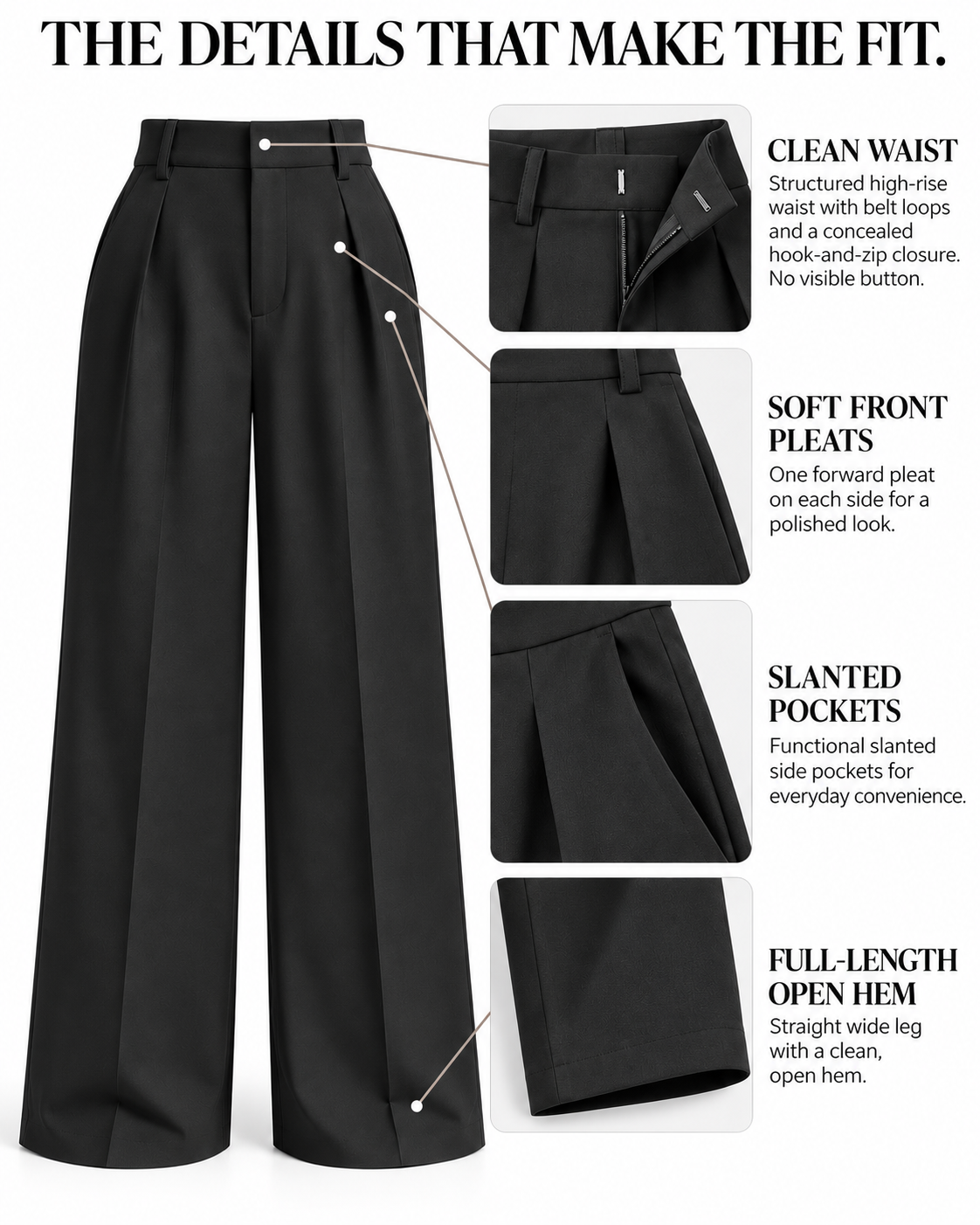 Complete pants with enlarged waistband, pleat, pocket and hem details