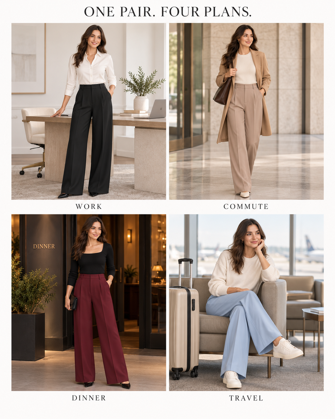 Wide-leg pants styled for work, commuting, dinner and travel