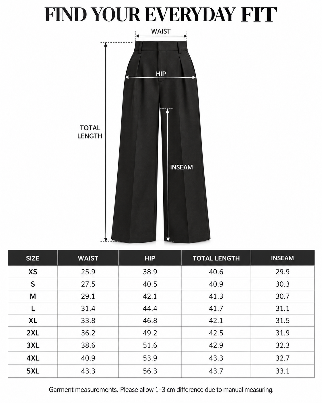 XS to 5XL garment size chart and measurement guide in inches