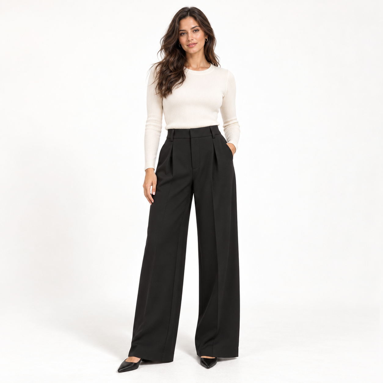 Female model wearing Black pleated wide-leg dress pants in a clean studio, front view