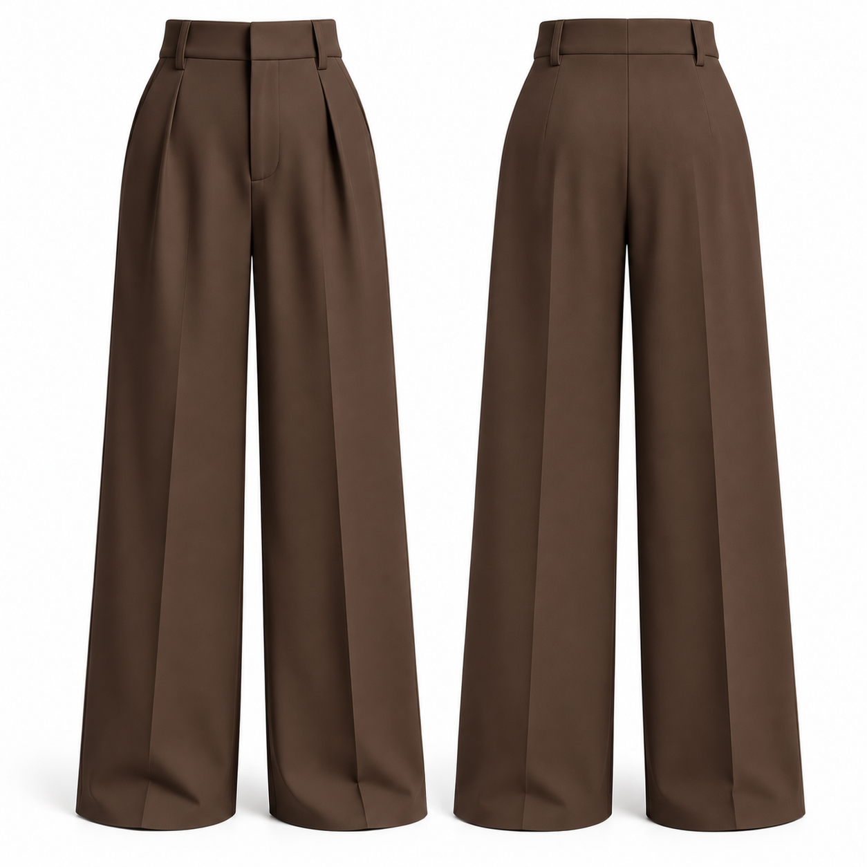 Coffee Brown high-waisted pleated wide-leg dress pants, front and back product views