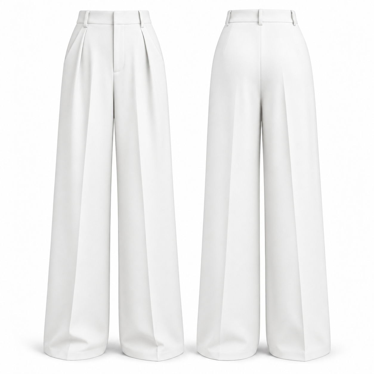 White high-waisted pleated wide-leg dress pants, front and back product views