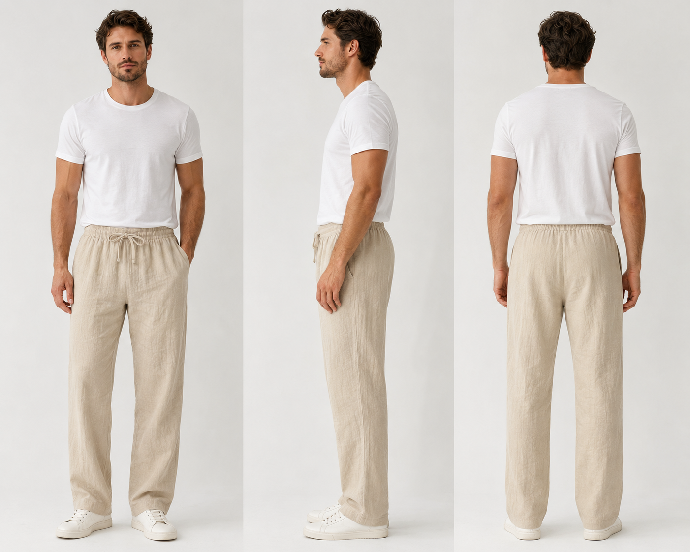 Men's sand beige drawstring straight-leg pants front, side and back views