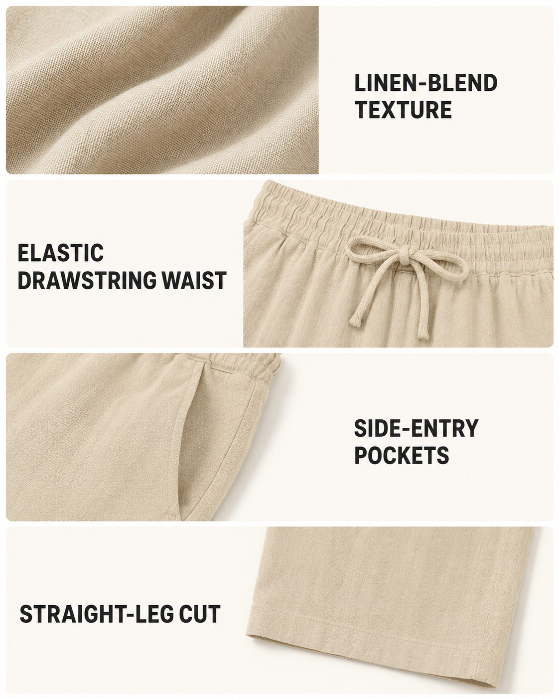 Linen-blend texture, elastic drawstring waist, side pockets and straight-leg details