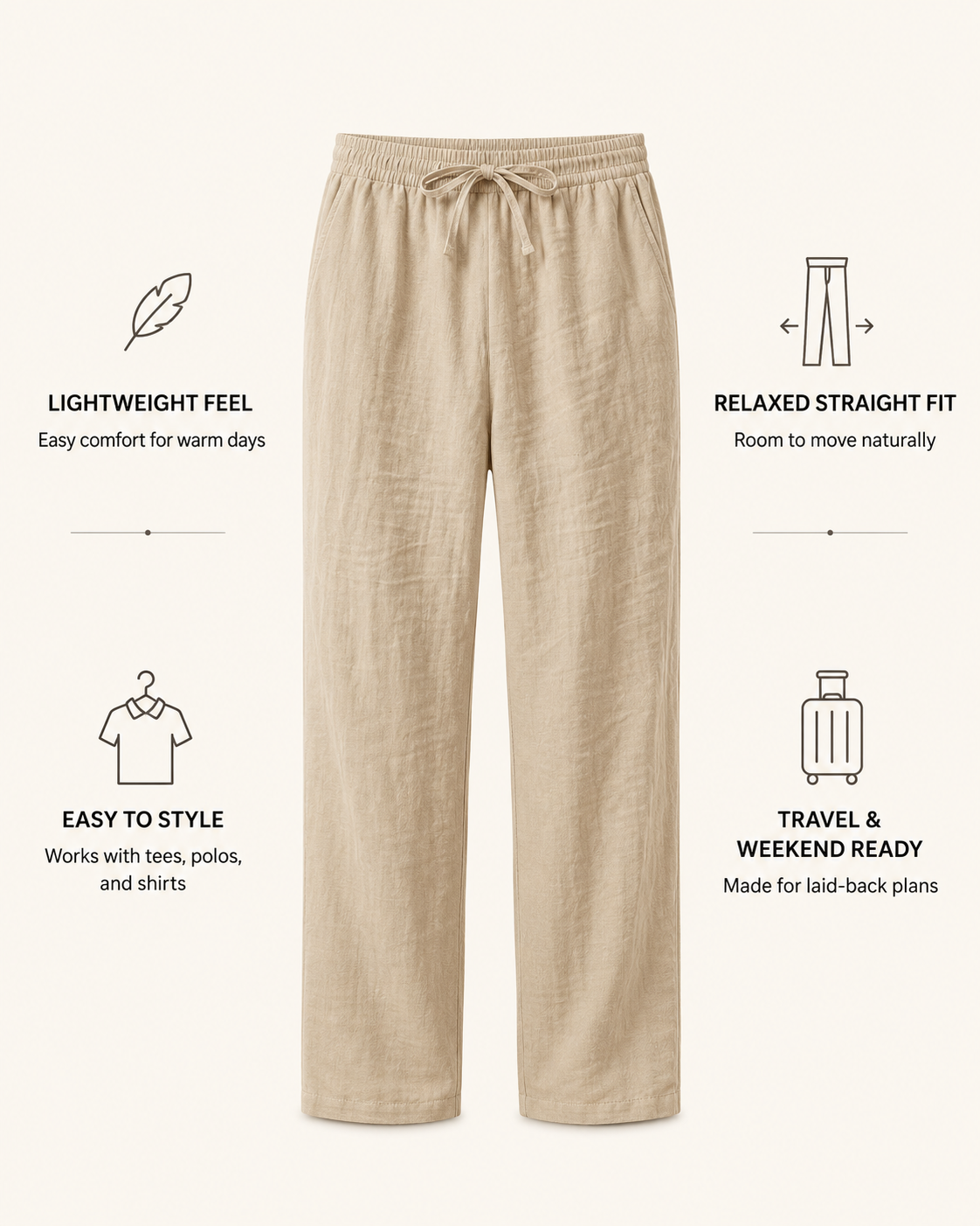 Lightweight feel, relaxed straight fit, easy styling and travel-ready comfort