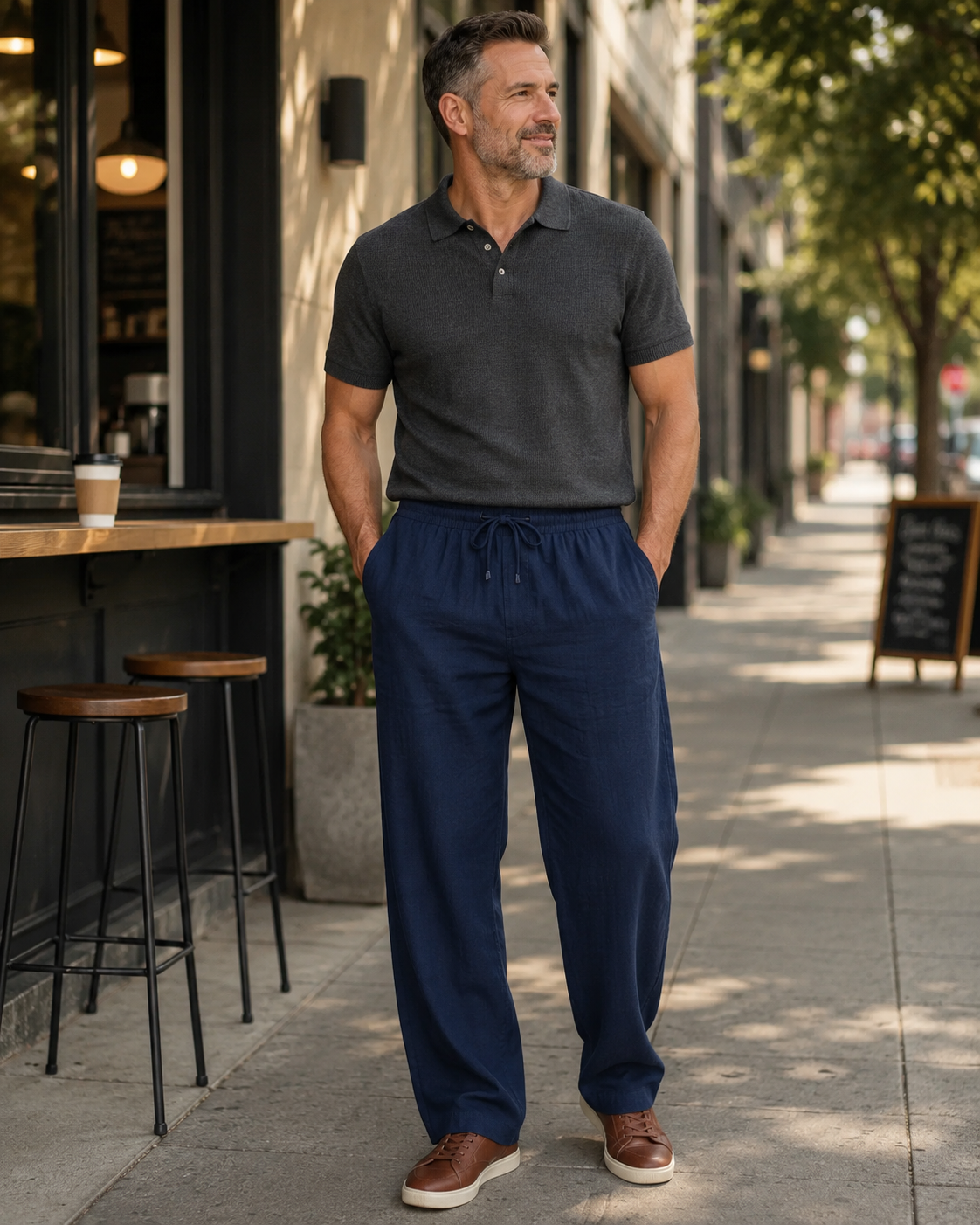 Men's navy linen-blend pants styled for a city weekend