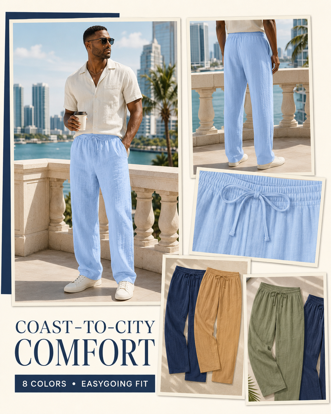 Men's linen-blend pants coast-to-city editorial collage