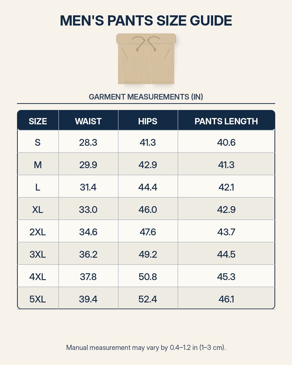 Men's pants garment size guide S through 5XL in inches