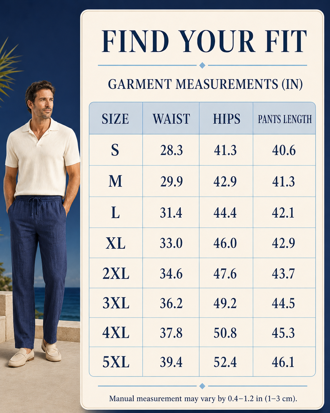 Men's pants find your fit size chart S through 5XL in inches
