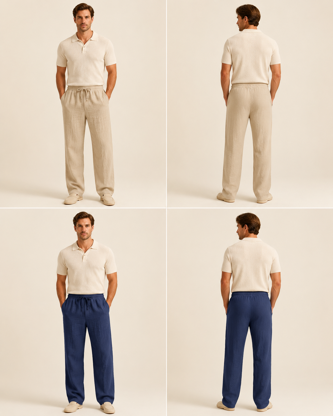 Same men's model wearing Sand Beige and Navy drawstring pants in front and back views