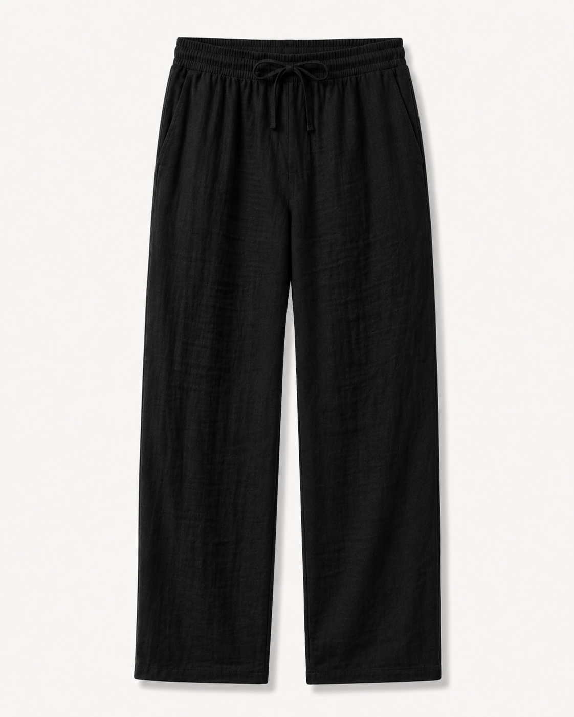 Black men's linen-blend drawstring straight-leg pants