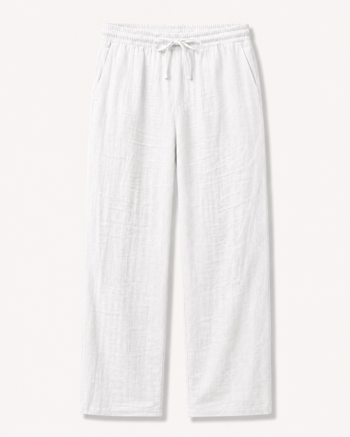 White men's linen-blend drawstring straight-leg pants
