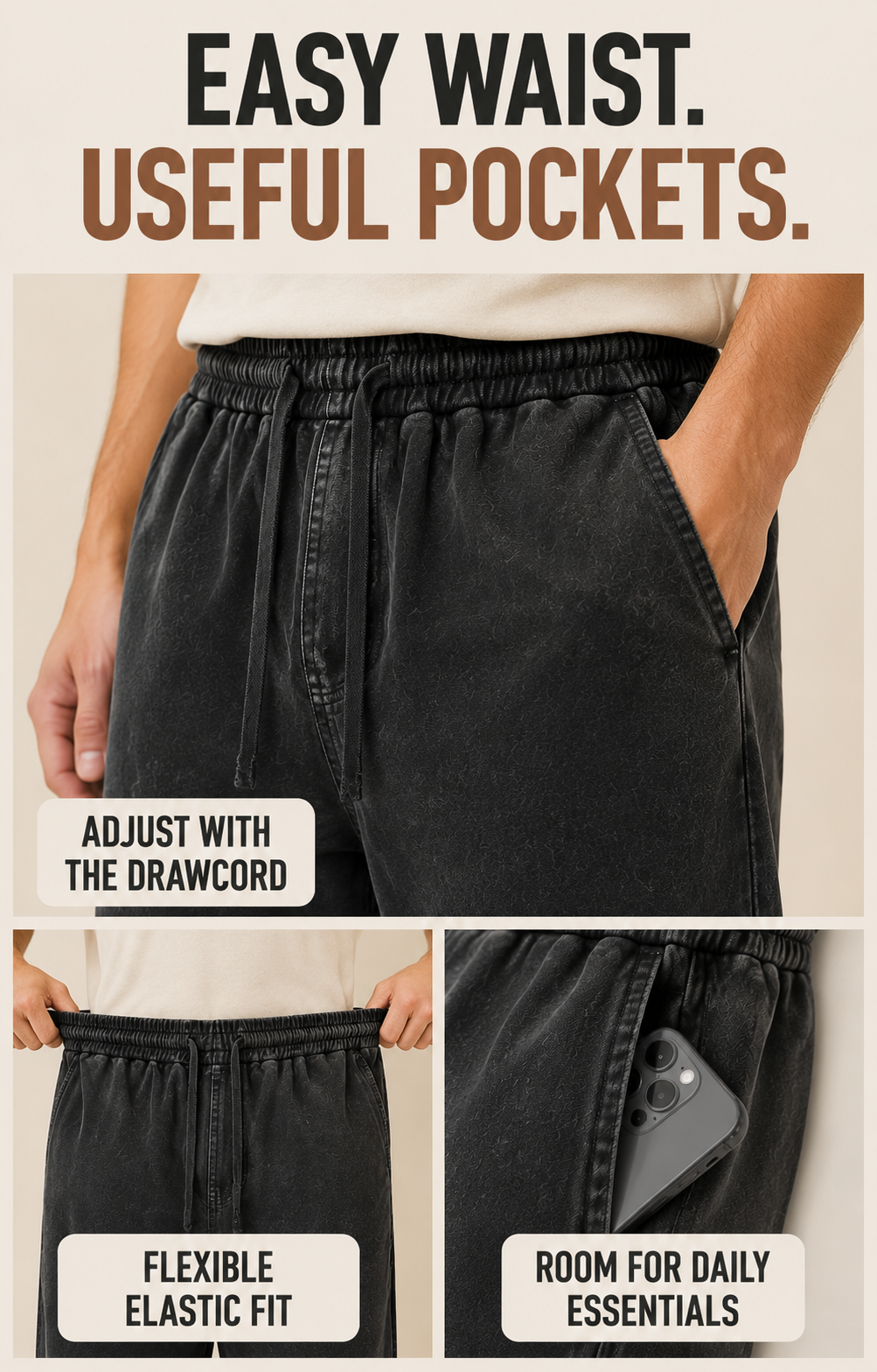 Elastic drawstring waist and practical pocket function