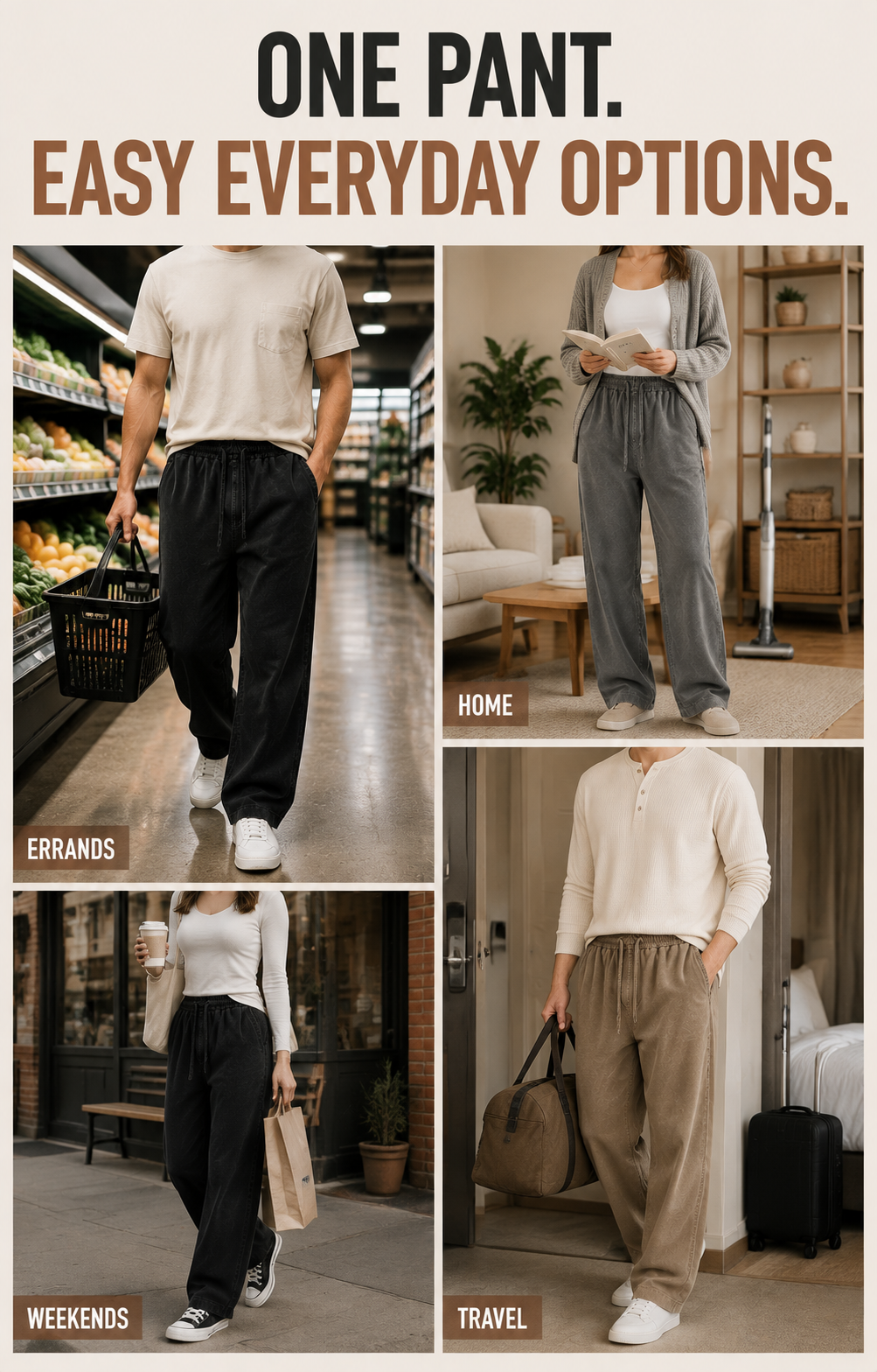 Unisex relaxed pants home errands travel and weekend scenes