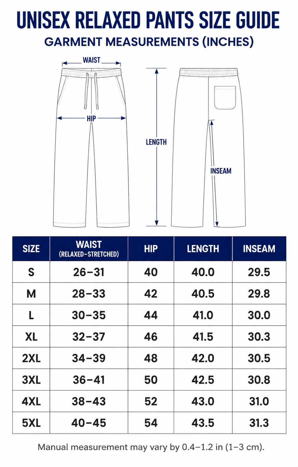 Unisex relaxed pants garment size guide S through 5XL