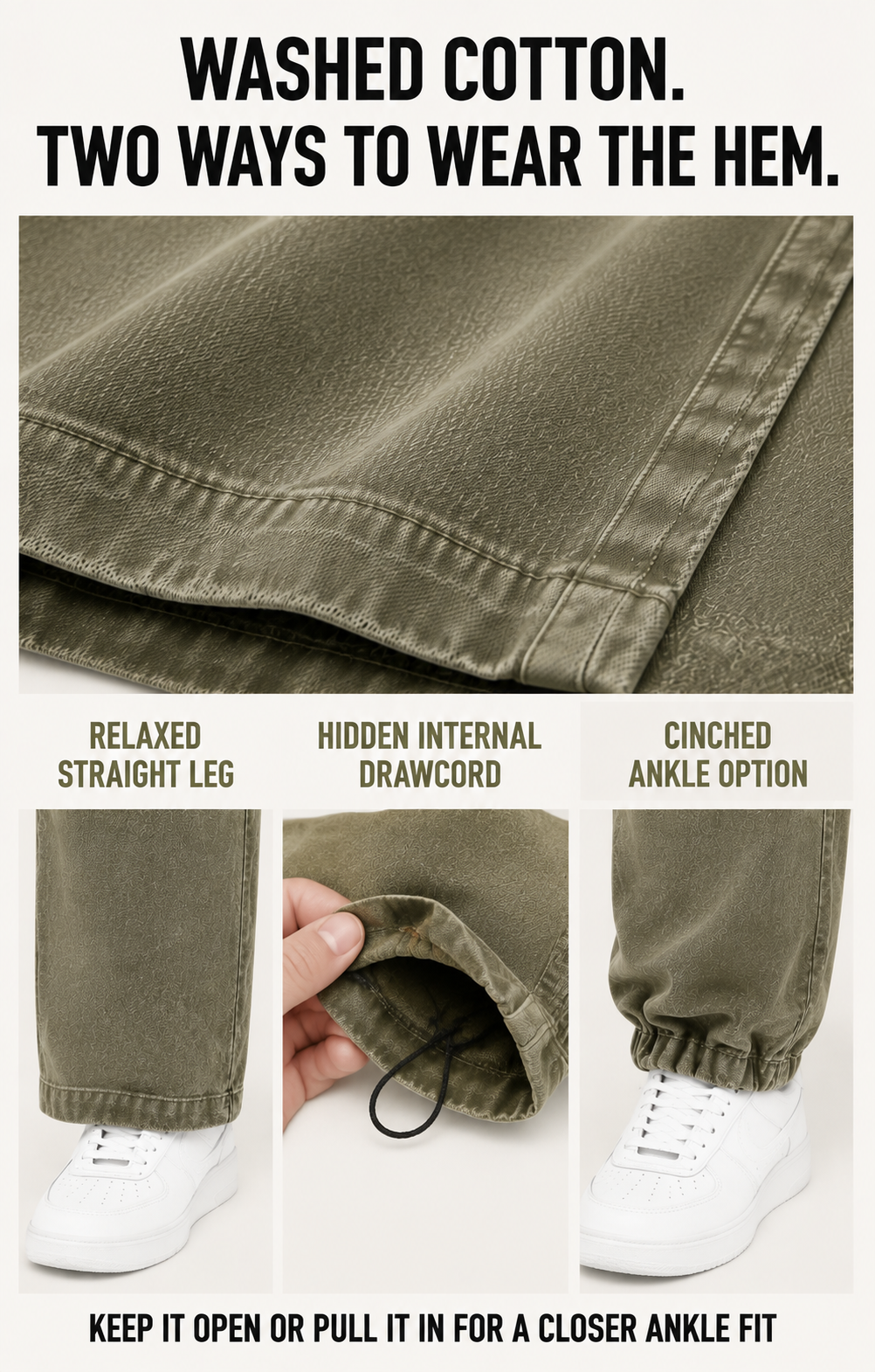 Washed cotton pants concealed internal adjustable hem construction