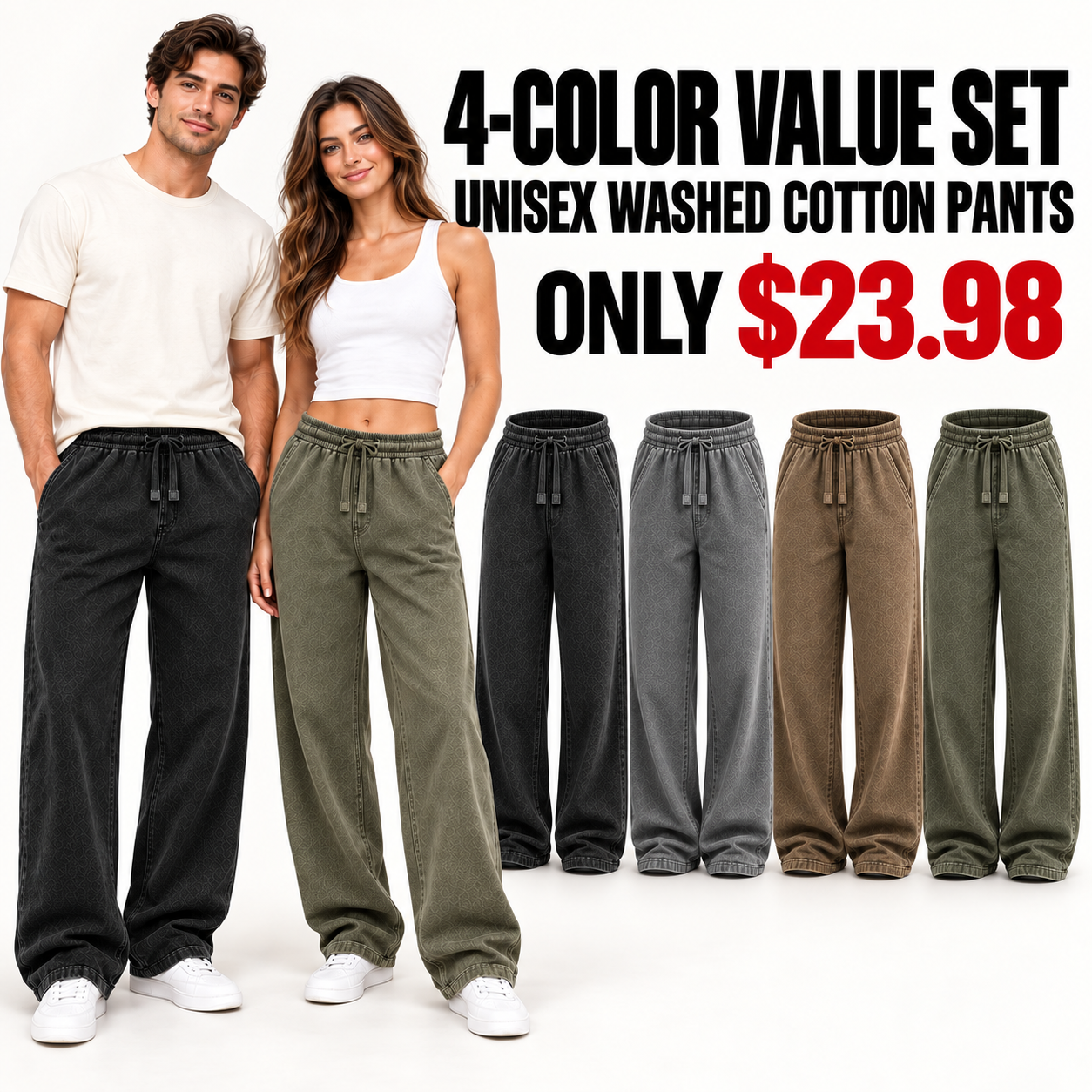 4-Pack All Colors dimensional washed cotton relaxed straight-leg pants, Only $23.98