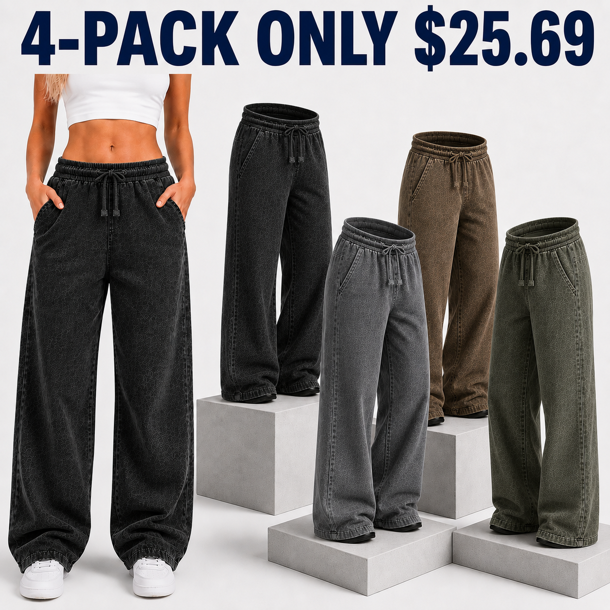 4-Pack All Colors washed cotton relaxed straight-leg pants with model and four colors, Only $25.69
