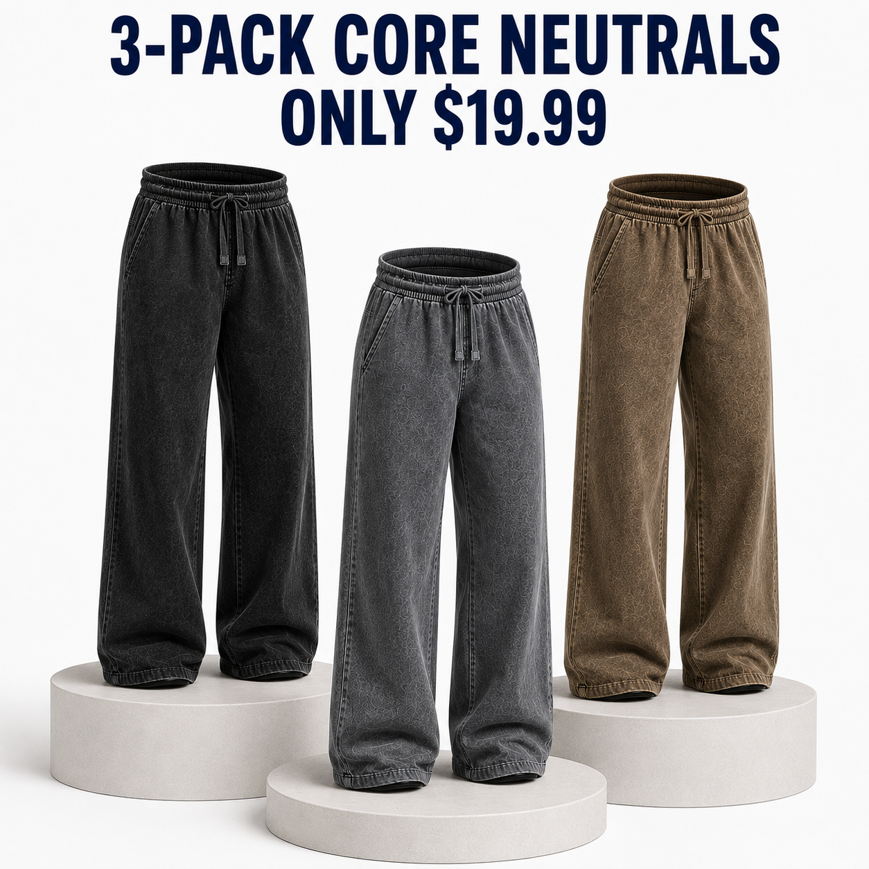 3-Pack Core Neutrals Washed Black Gray and Khaki Brown, Only $19.99