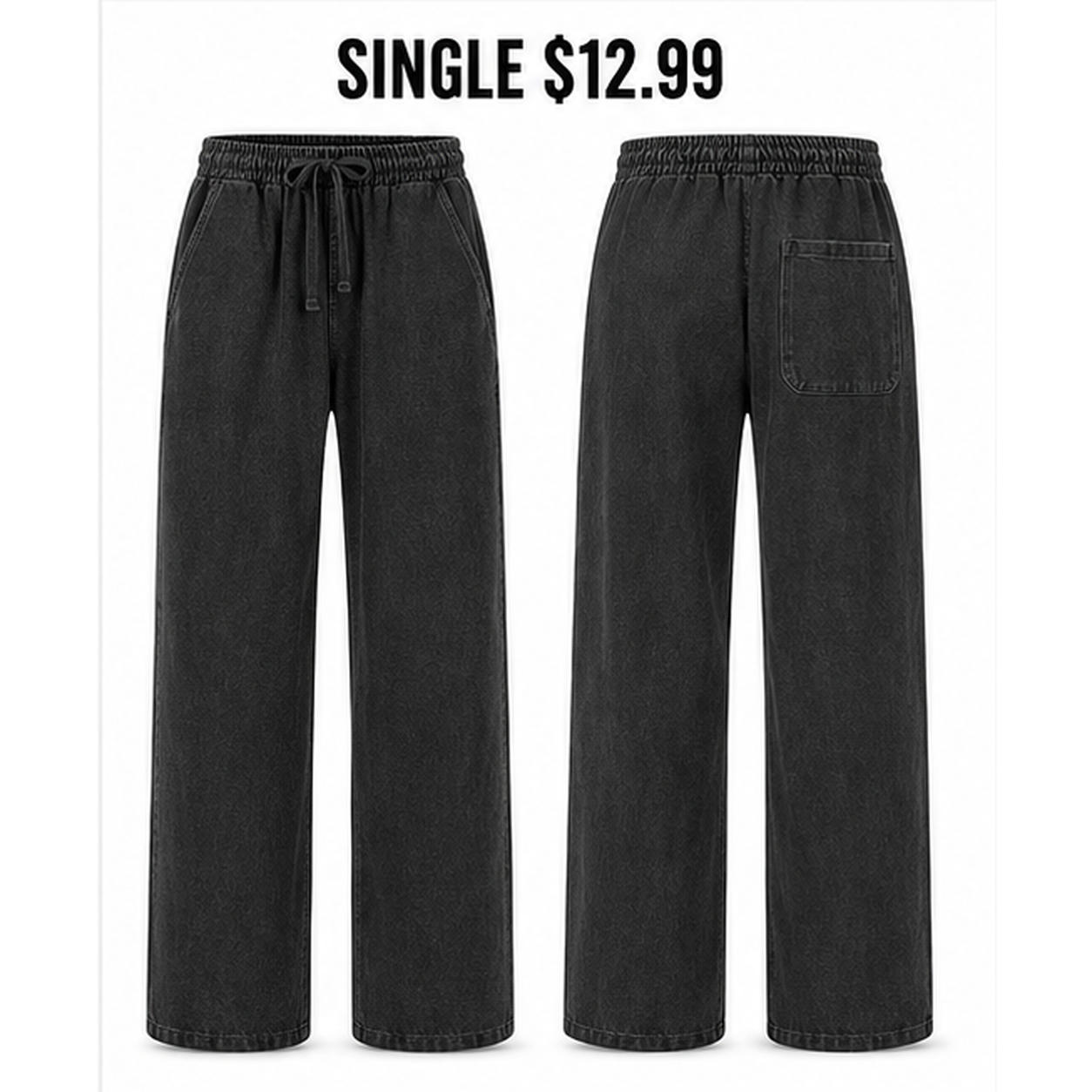 Washed Black unisex washed cotton relaxed pants single front and back