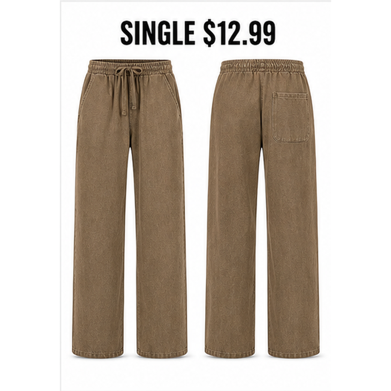 Khaki Brown unisex washed cotton relaxed pants single front and back