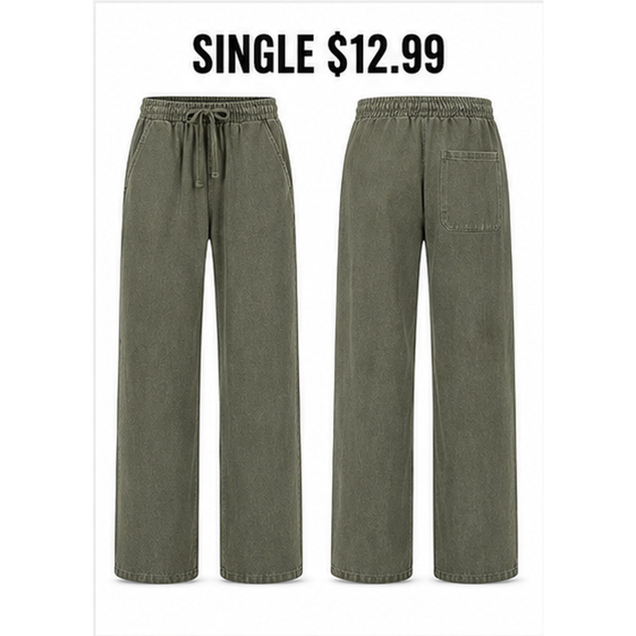 Washed Olive Green unisex washed cotton relaxed pants single front and back