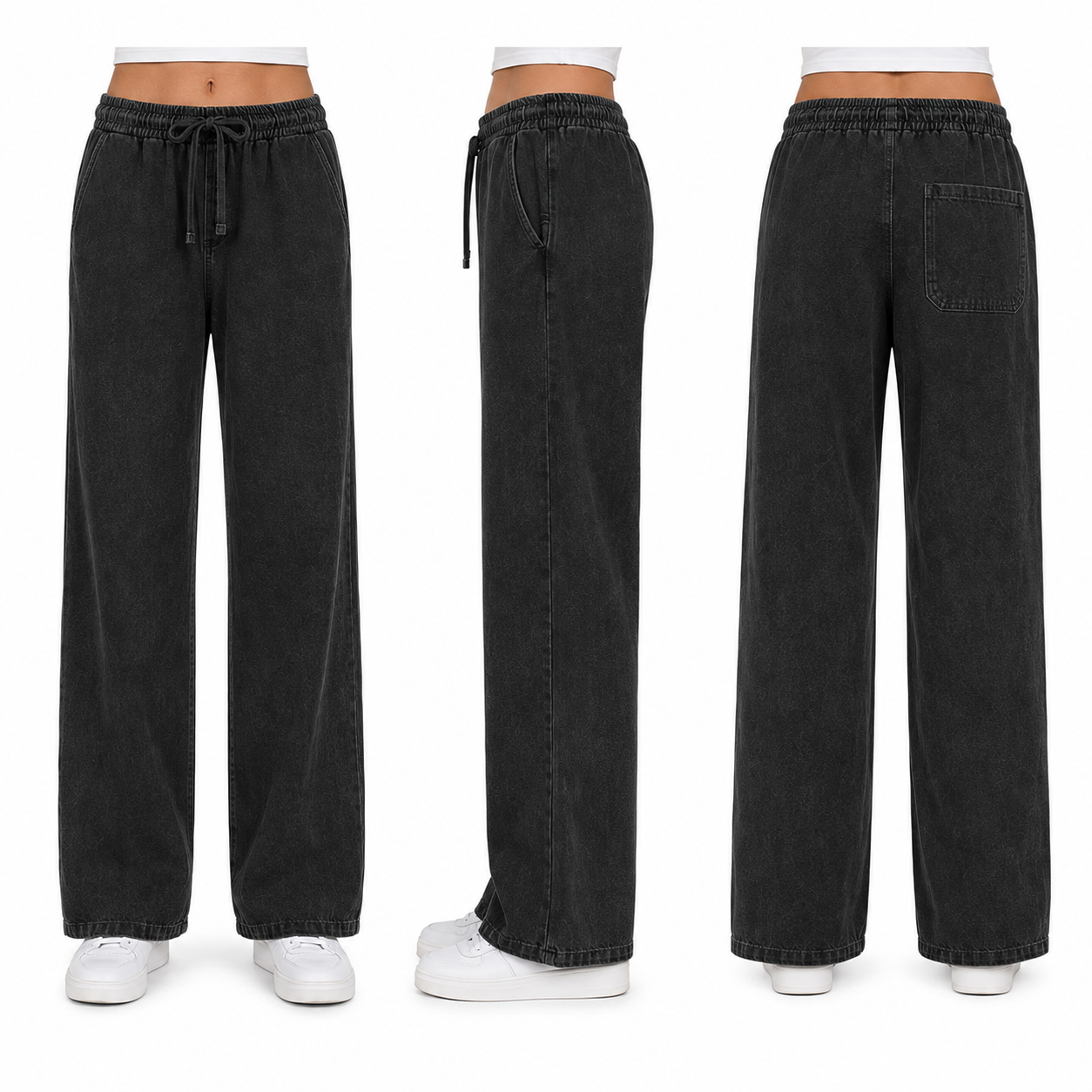 Unisex relaxed straight-leg pants front side and back fit views