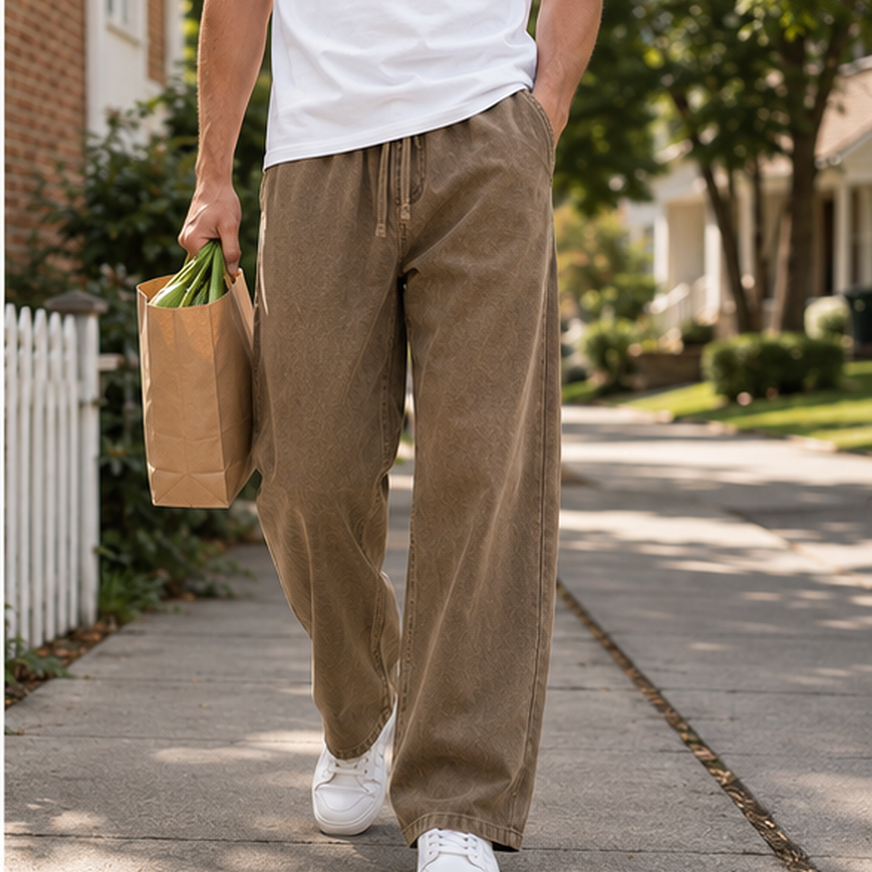 Khaki Brown relaxed straight-leg pants male walking try-on