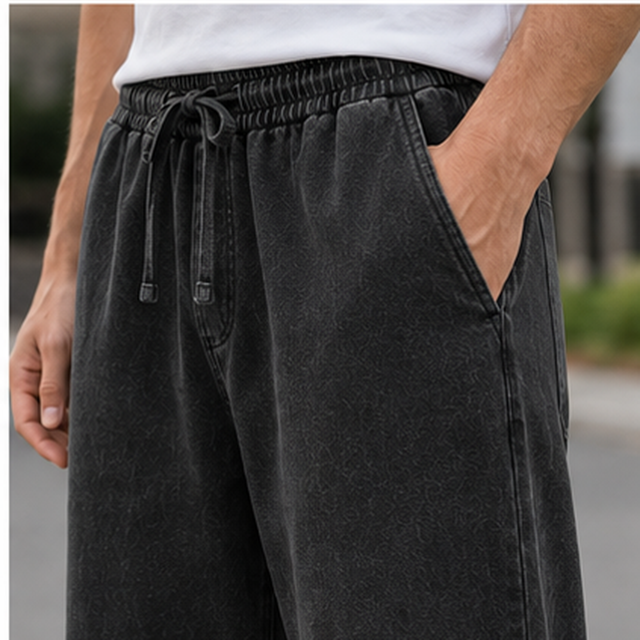 Washed Black pants close try-on showing elastic waist drawcord and slant pocket