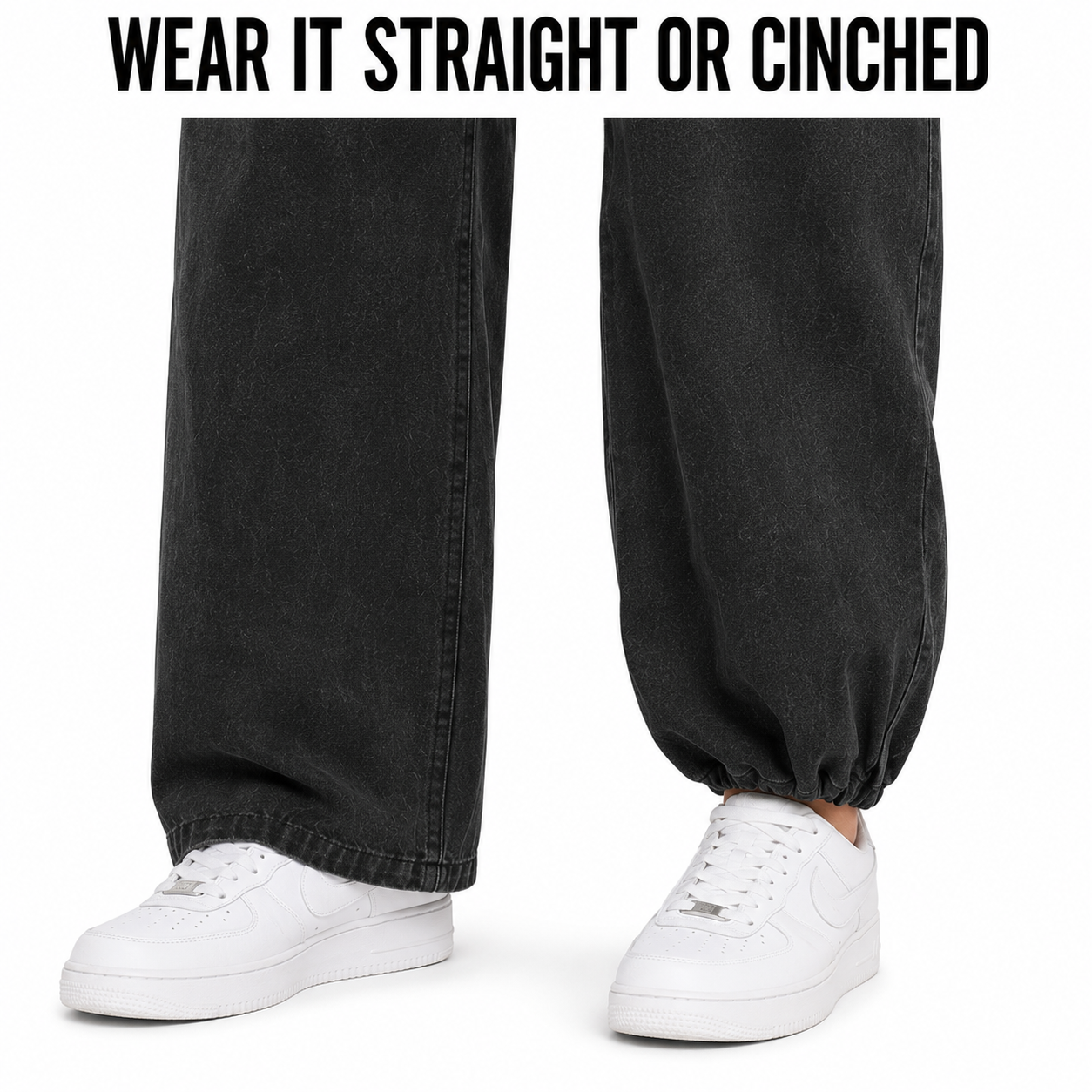 Pants hem worn straight or cinched with concealed internal adjustment