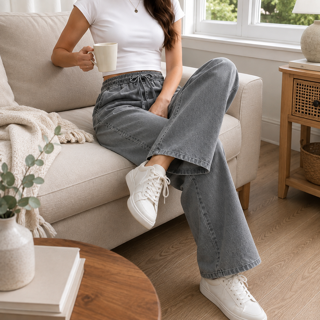 Washed Gray relaxed straight-leg pants seated female try-on